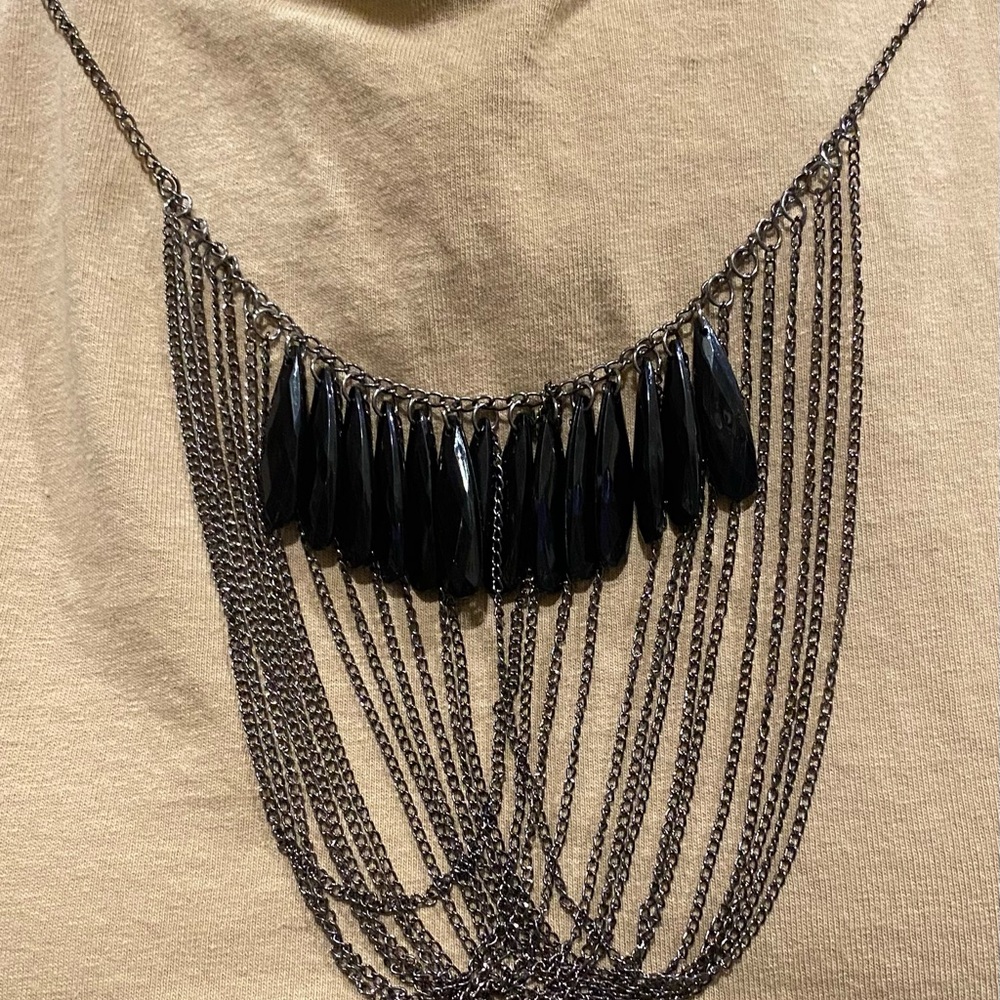 Black Multi Chain and Dangling Jet Black Beaded Necklace